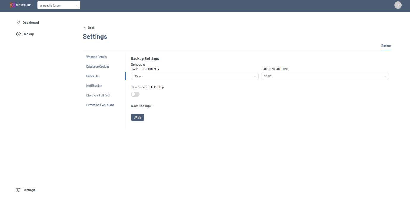 Xcitium Backup Schedule Settings Screen